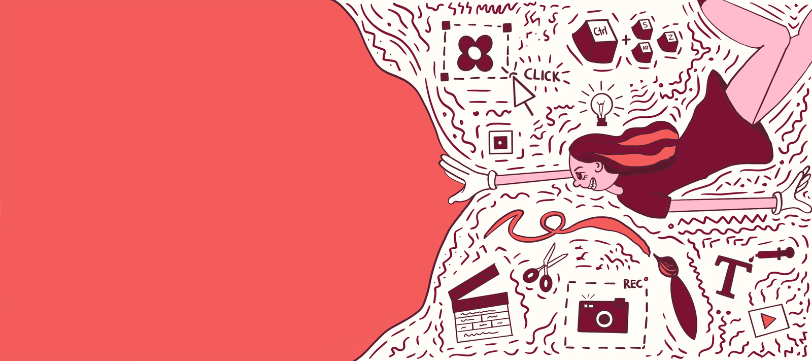 Illustration of a designer sprawled among design tools, doodles and shortcuts